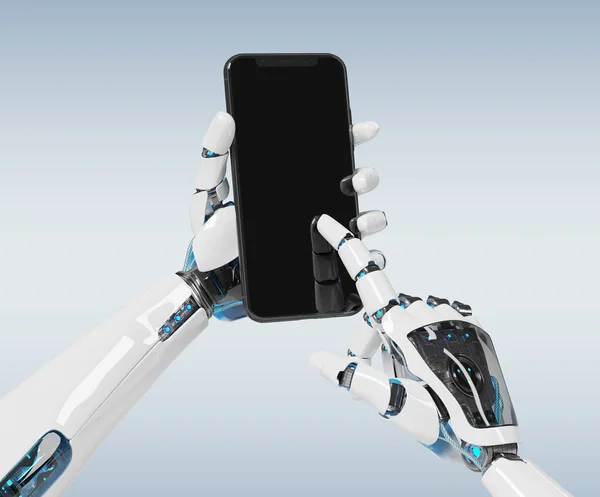 Vita Robot Handen Håller Modern Smartphone Mockup Grå Bakgrund Rendering — Stockfoto