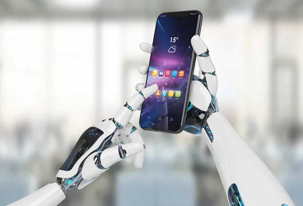 Branco Robô Mão Segurando Moderno Smartphone Mockup Escritório Fundo Renderização — Fotografia de Stock