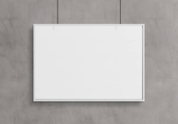 White frame hanging in front of a wall mockup 3d rendering