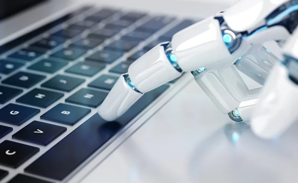 Bir Dizüstü Bilgisayar Render Bir Klavye Tuşuna Basarak Robot Cyborg — Stok fotoğraf