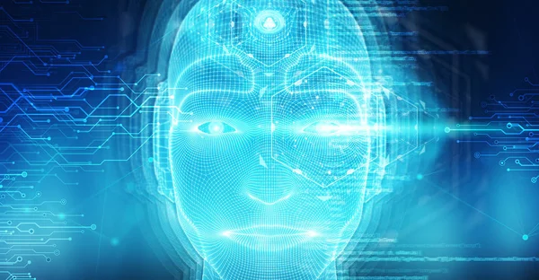 人工知能の概念 レンダリングを表すロボット人間サイボーグ顔 — ストック写真