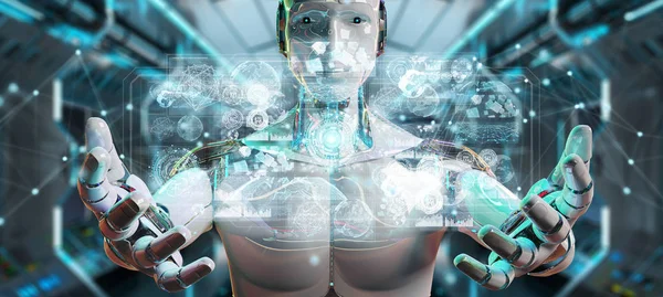 White Male Cyborg Blurred Background Using Digital Datas Interface Rendering — Stock Photo, Image