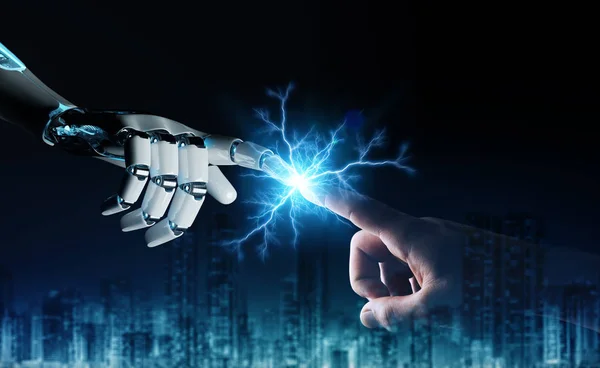 Robot hand creating electricity with human hand on dark background 3D rendering