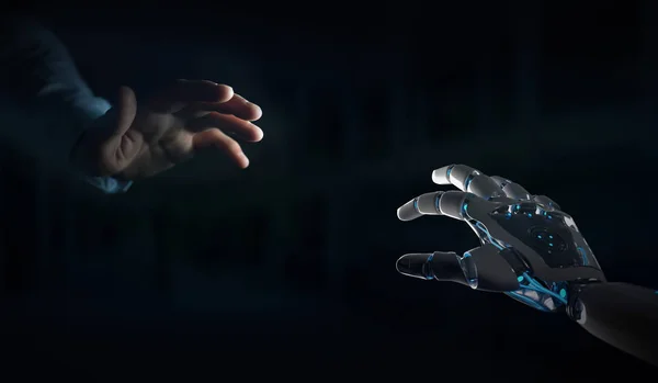 Robot Hand Att Kontakt Med Mänsklig Hand Mörk Bakgrund Rendering — Stockfoto