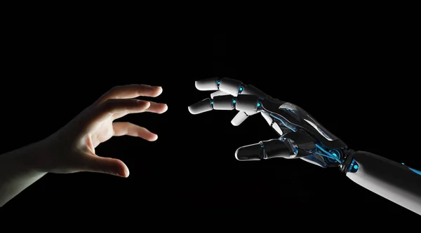 Robot Mano Haciendo Contacto Con Mano Humana Sobre Fondo Oscuro — Foto de Stock