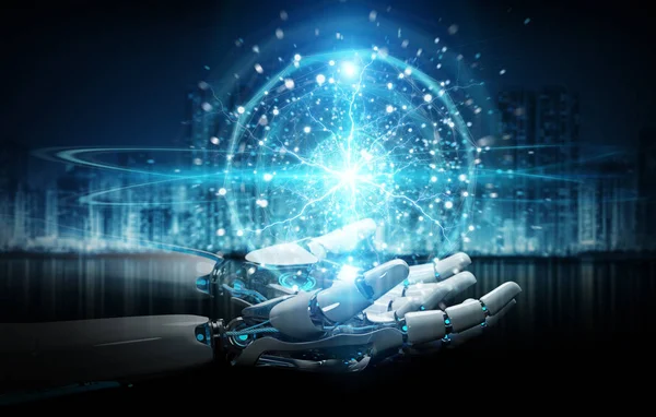 Intelligenter Humanoider Roboter Mit Digitalem Globalem Netzwerk Mit Seinen Händen — Stockfoto