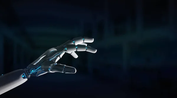 Intelligent robot machine pointing finger on dark background 3D rendering