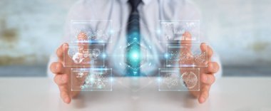 İşadamı hologramlar veriler 3d render ile dijital ekranlar arabirimini kullanarak arka plan bulanık üzerinde