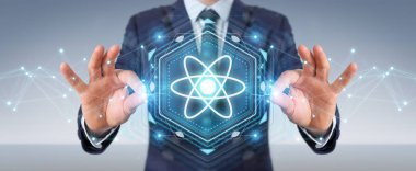 İşadamı modern molekül yapısı 3B oluşturmayı kullanarak arka plan bulanık üzerinde