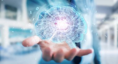 Yapay zeka bir dijital beyin 3d render oluşturma bulanık arka plan üzerinde işadamı