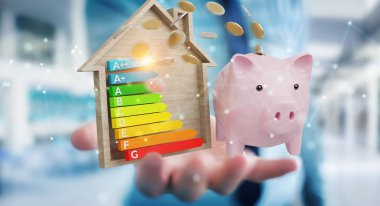 İşadamı iyi enerji grafik rating 3d render ile para tasarrufu bulanık arka plan üzerinde