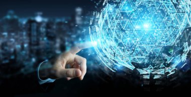 İşadamı dijital üçgen küre hologram 3d render patlayan kullanarak arka plan bulanık üzerinde