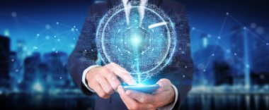 İşadamı dijital küre bağlantısı hologram 3B oluşturmayı kullanarak arka plan bulanık üzerinde