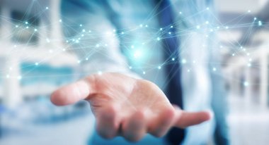 Bulanık arkaplanda uçan ağ bağlantısı 3D görüntüleme kullanan bir işadamı