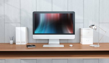 Bilgisayarı ve aygıtları üzerinde modern ahşap Resepsiyon parlak iç 3d render