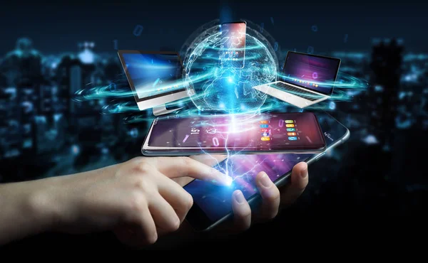 Modern devices connected to each other in businessman hand 3D rendering