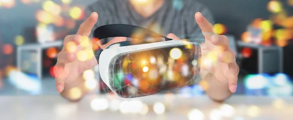 Affärsman Suddig Bakgrund Med Hjälp Virtuell Verklighet Glasögon Teknik Rendering — Stockfoto