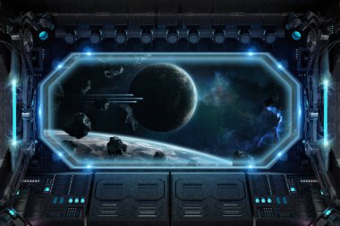 Karanlık uzay gemisi iç alanı 3d render büyük pencere manzaralı