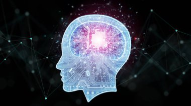 Yapay zeka dijital beyin siyah arka planda 3d render