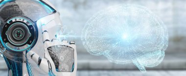 Yapay zeka 3d render oluşturma bulanık arka plan üzerinde beyaz adam insanımsı