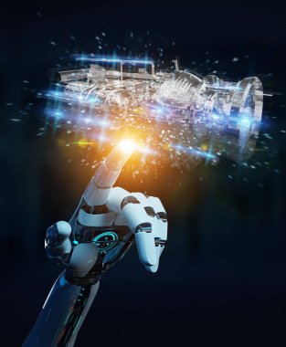 Cyborg tel kafes sanal 3d dijital projeksiyon bir Engine kullanarak arka plan bulanık üzerinde