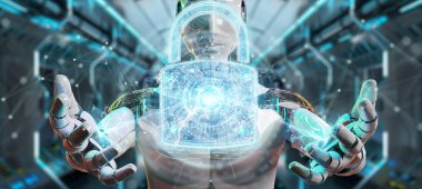 Arka plan bulanık 3d render robot tarafından kullanılan web güvenlik koruma arayüzü