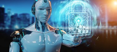 Beyaz adam robot üzerinde bulanık arka plan dijital veriler 3B oluşturmayı güvenliğini sağlama