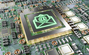 E- posta simgesi 3 boyutlu modern GPU kart çevriminin yakın görüntüsü