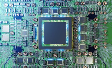 Devre, renkli ışıklar ve 3D görüntüleme ile modern bir GPU kartının yakın görüntüsü