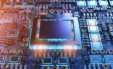 Devre, renkli ışıklar ve 3D görüntüleme ile modern bir GPU kartının yakın görüntüsü