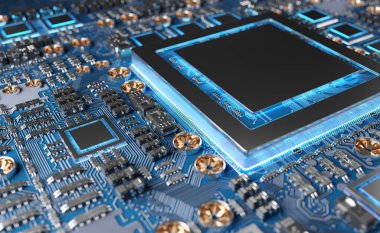 Devre, renkli ışıklar ve 3D görüntüleme ile modern bir GPU kartının yakın görüntüsü