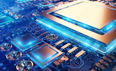 Devre, renkli ışıklar ve 3D görüntüleme ile modern bir GPU kartının yakın görüntüsü
