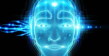 Yapay zeka kavramı 3B oluşturmayı temsil eden robot adam cyborg yüz