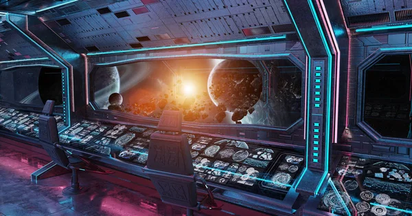 Grunge Spaceship Intérieur Bleu Rose Avec Vue Sur Les Planètes — Photo