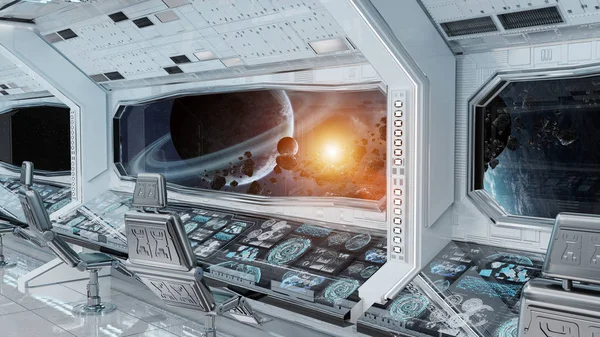 Fehér Tiszta Űrhajó Belső Nézet Renderelés Távoli Bolygókon Rendszer Elemei — Stock Fotó
