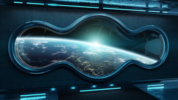 黑色技术宇宙飞船圆形窗口内部与看法在行星地球3D 渲染元素的这张图片由 Nasa — 图库照片