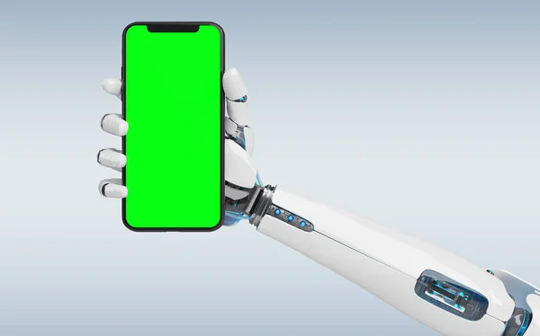 Branco Robô Mão Segurando Moderno Smartphone Mockup Fundo Cinza Renderização — Fotografia de Stock