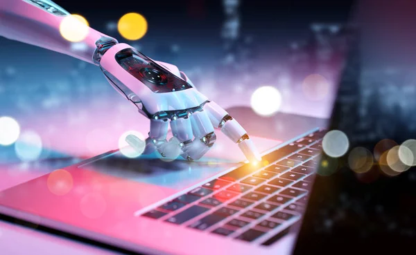 Robotic Cyborg Hand Drukken Van Een Toetsenbord Een Laptop Rendering — Stockfoto