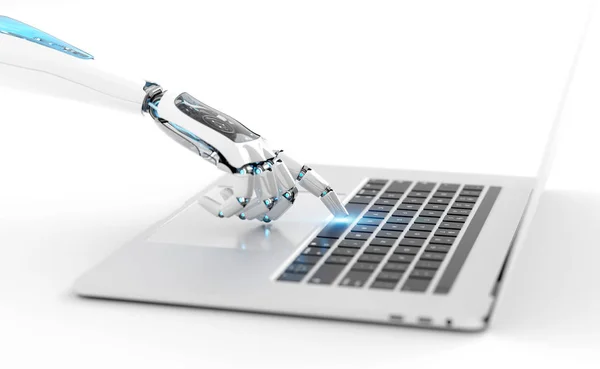 Witte Robot Cyborg Hand Drukken Een Toetsenbord Van Een Laptop — Stockfoto