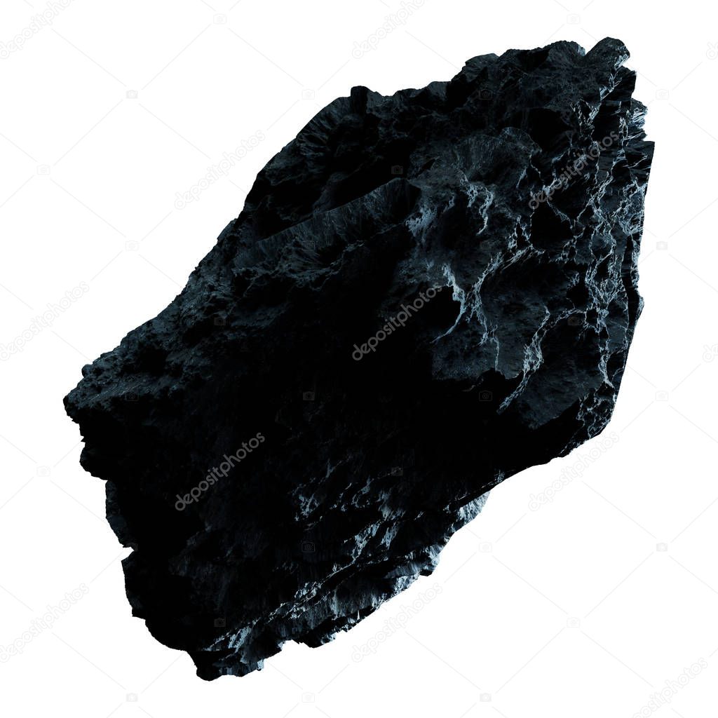 Dark rock asteroid isolated on white background 3D rendering