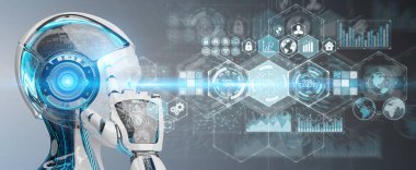 Dijital veriler arabirimi 3d rendering kullanarak bulanık arka plan üzerinde beyaz kadın cyborg