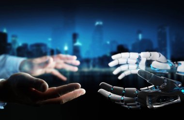 Robot el temas koyu arka plan 3d render üzerinde insan eli ile