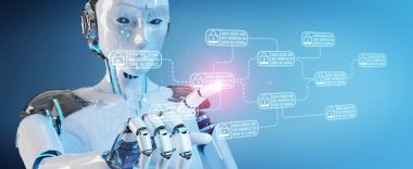 Kesmek ve özel siber veriler erişme bulanık arka plan üzerinde beyaz robot