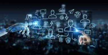 Sosyal ağ simgeleri arabirimi denetleme bulanık arka plan üzerinde beyaz robot