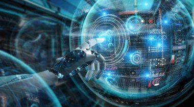 Onun elleri 3d rendering ile Dijital ekranlar arabirimi kullanarak akıllı robot Makina