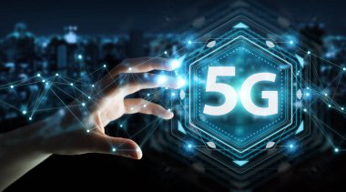 İşkadını 5 g ağ arabirimi 3d rendering kullanarak arka plan bulanık üzerinde