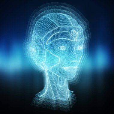 Yapay zeka kavramı 3B oluşturmayı temsil eden Wireframed robot kadın baş