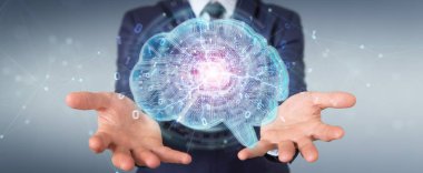 Yapay zeka bir dijital beyin 3d render oluşturma bulanık arka plan üzerinde işadamı