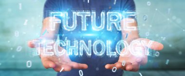 Geleceğin teknolojisi metin arabirimi 3d rendering kullanarak arka plan bulanık üzerinde işadamı