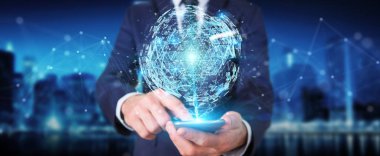 İşadamı dijital üçgen küre hologram 3d render patlayan kullanarak arka plan bulanık üzerinde